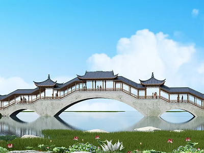 Chinese-style Stone Arch Bridge With Pavilions Spanning Water Surrounding Lotus Flowers Blue Sky White Clouds 3d model