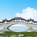 Chinese-style Stone Arch Bridge With Pavilions Spanning Water Surrounding Lotus Flowers Blue Sky White Clouds