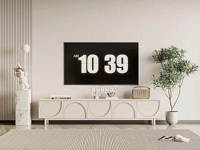 Modern Light Colored TV Stand In Living Room With Decorative Items And Green Plant 3d model