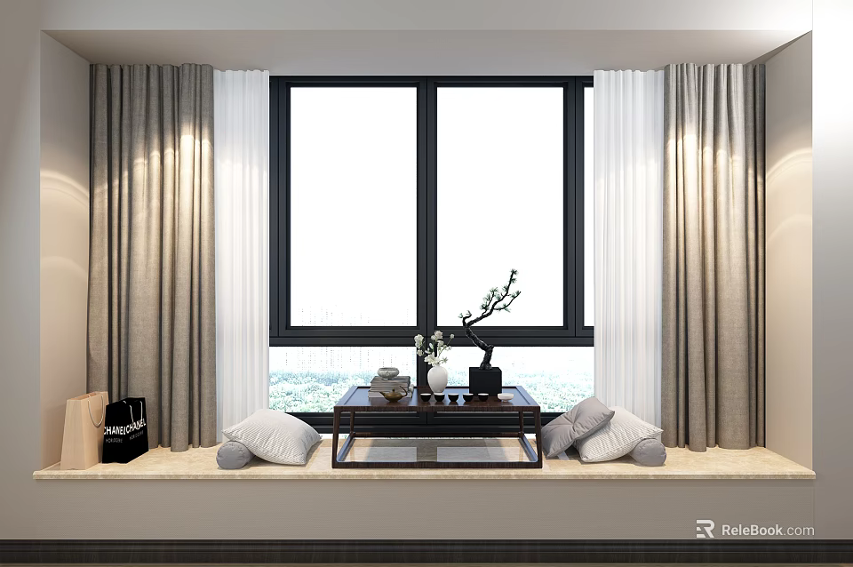 Cozy Bay Window Nook With Gray Curtains Pillows Small Table Green Plant And Bright View 3d model 