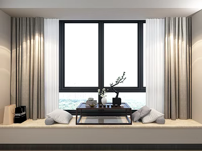Cozy Bay Window Nook With Gray Curtains Pillows Small Table Green Plant And Bright View 3d model