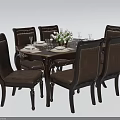 Classic Wooden Dining Table Set With Leather Chairs And Flower Arrangement