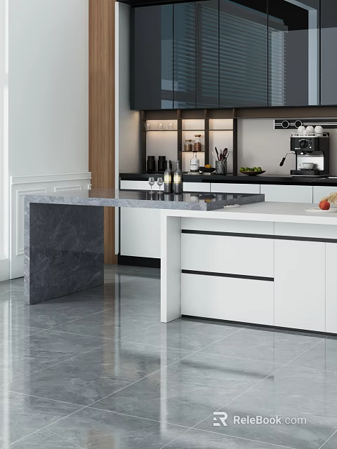 Modern Kitchen Interior With White Cabinets Marble Island And Countertop 3d model 