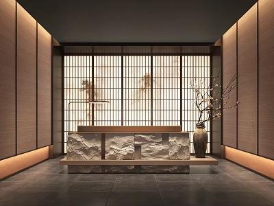 Japanese Style Reception Interior Design With Wooden Walls Shoji Screens Stone Desk And Vase 3d model