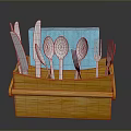 Functional Wooden Utensil Holder With Knives Spoons Forks And Blue Napkin