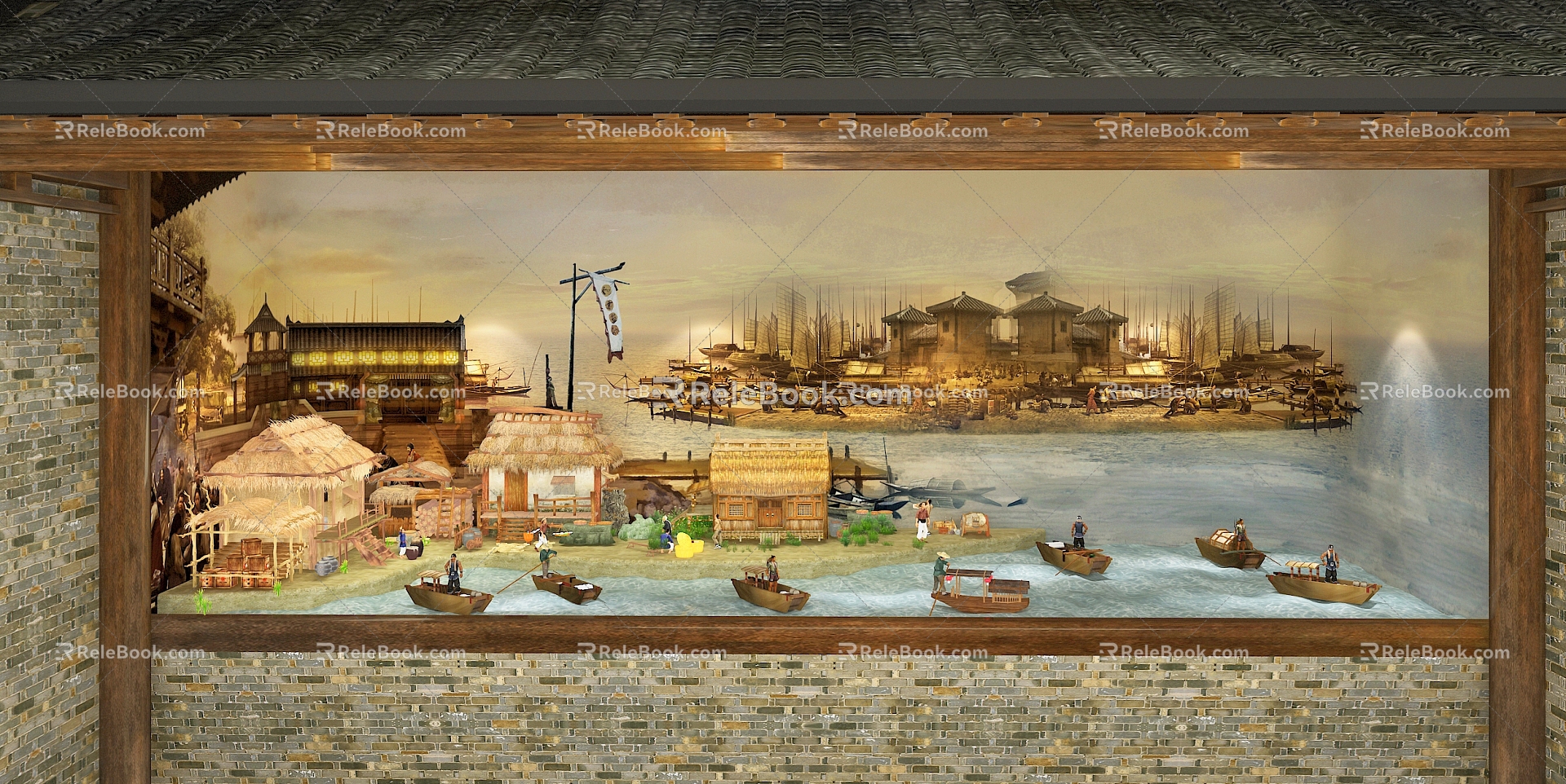 Ancient Fishing Hunting Wharf Port Scene Museum miniature landscape Sand table Fishing boat Fishermen go out to sea thatched cottage Ancient architecture thatched cottage 3d model