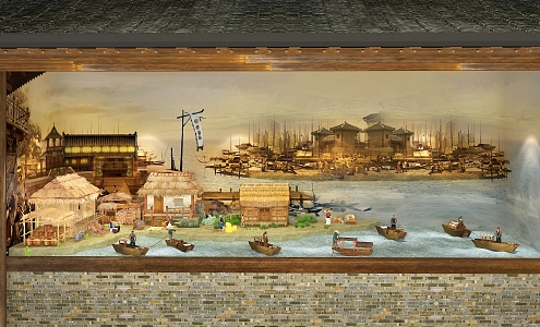 Ancient Fishing Hunting Wharf Port Scene Museum miniature landscape Sand table Fishing boat Fishermen go out to sea thatched cottage Ancient architecture thatched cottage 3d model