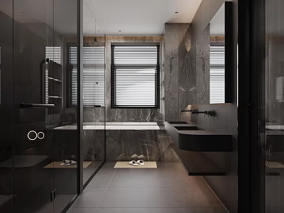 Modern Bathroom With Dark Tones Glass Enclosure Bathtub And Double Vanity 3d model