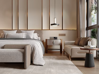 Modern Hotel Guest Room Interior With King Bed Cozy Sofa And Pendant Light Rug 3d model