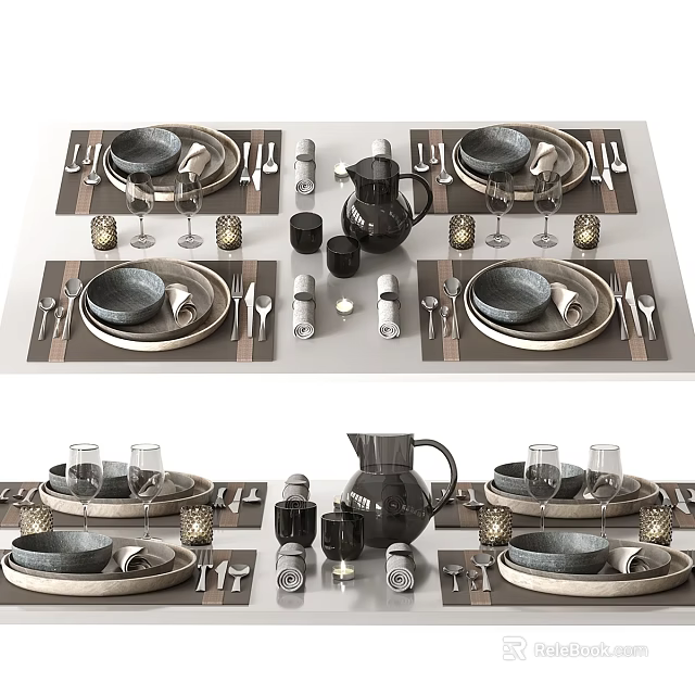 Modern Dinnerware Set With Gray Plates Glassware Cutlery Black Pitcher And Candle Holders 3d model 