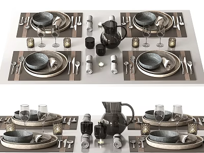 Modern Dinnerware Set With Gray Plates Glassware Cutlery Black Pitcher And Candle Holders 3d model