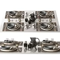 Modern Dinnerware Set With Gray Plates Glassware Cutlery Black Pitcher And Candle Holders