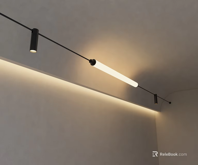 Simple Modern Interior Ceiling With Black Track Light Long White Tube And Small Spotlights 3d model 