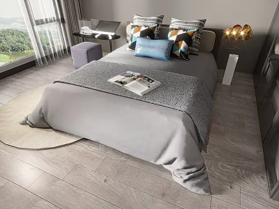 Double Bed with Gray Bedding Colorful Pillows Scenic Window View Wooden Floor and Bedside Lamp 3d model