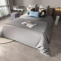 Double Bed with Gray Bedding Colorful Pillows Scenic Window View Wooden Floor and Bedside Lamp