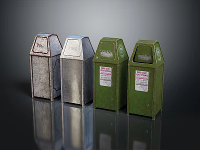 Various Colored Metal Trash Bins with Instructional Labels for Waste Disposal 3d model