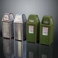 Various Colored Metal Trash Bins with Instructional Labels for Waste Disposal