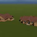 Wooden Houses Set On Green Grass With Blue Sky Brown Roofs And Wooden Siding