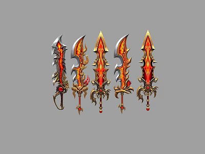 Ornate Flame Themed Weapons With Red Gold Accents And Sharp Decorative Blades 3d model