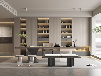 Modern Tea Room Interior with Wooden Shelves Tea Sets Long Table and Green Plants 3d model