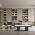 Modern Tea Room Interior with Wooden Shelves Tea Sets Long Table and Green Plants