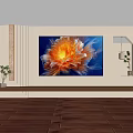 Modern TV Background Wall Featuring Vibrant Orange Yellow Flower Art And Decorative Plants
