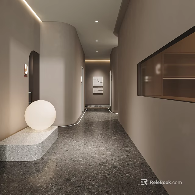 Elegant Hotel Corridor Design With Soft Lighting Curved Walls And Marble Flooring 3d model 
