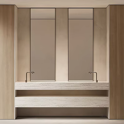 Modern Bathroom Vanity with Double Mirrors Wooden Design and Sleek Faucets 3d model