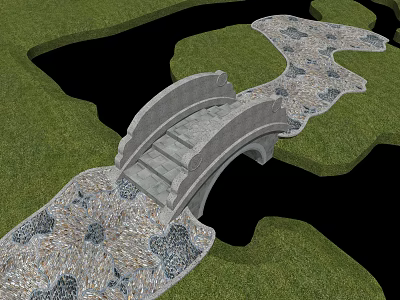 Traditional Stone Arch Bridge with Pebble Path and Green Grass by Water 3d model