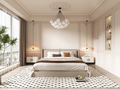 Elegant Modern Bedroom Interior With Globe Chandelier Large Bed And Black White Geometric Rug 3d model