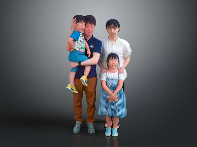 Family Group of Four Members Standing Together in Gray Background 3d model
