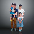 Family Group of Four Members Standing Together in Gray Background