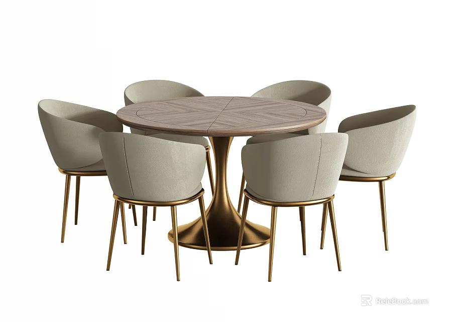 Elegant Round Marble Dining Table Set With Six Light Colored Chairs And Gold Legs 3d model