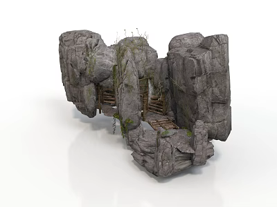 Rock Built Architecture Structure With Moss Vines And Wooden Walkway Passages 3d model
