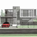 Modern Detached Villa with Trees Red Car Large Glass Windows and Modern Exterior Lighting 3d model