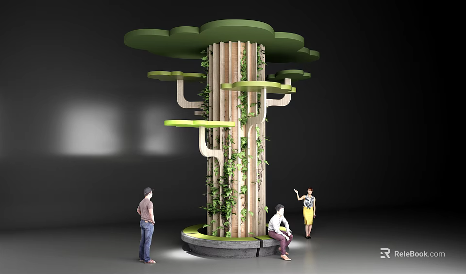 Tree Shaped Decorative Column With Wooden Structure Green Canopy Climbing Vines And People Around 3d model 