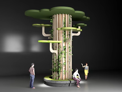 Tree Shaped Decorative Column With Wooden Structure Green Canopy Climbing Vines And People Around 3d model