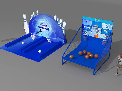 Blue Indoor Mini Game Equipment With Bowling Alley Basketball Shooting And Digital Screen For Kids 3d model