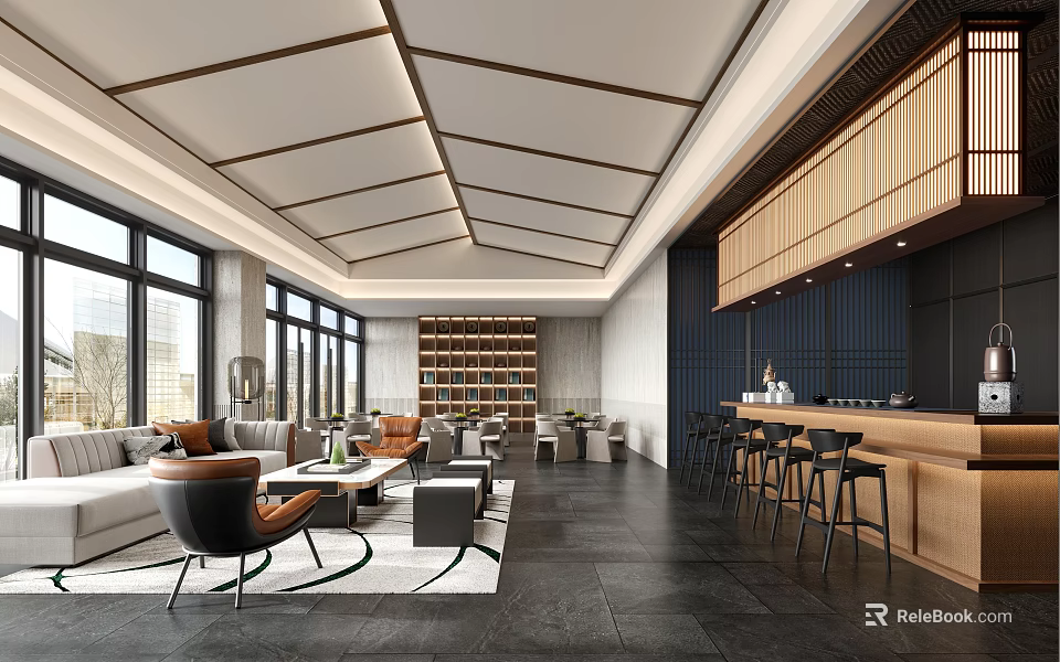 Modern Elegant Sales Office Interior With Spacious Lounge Seating And Open Stylish Bar Large Windows 3d model 