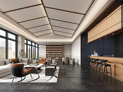 Modern Elegant Sales Office Interior With Spacious Lounge Seating And Open Stylish Bar Large Windows 3d model
