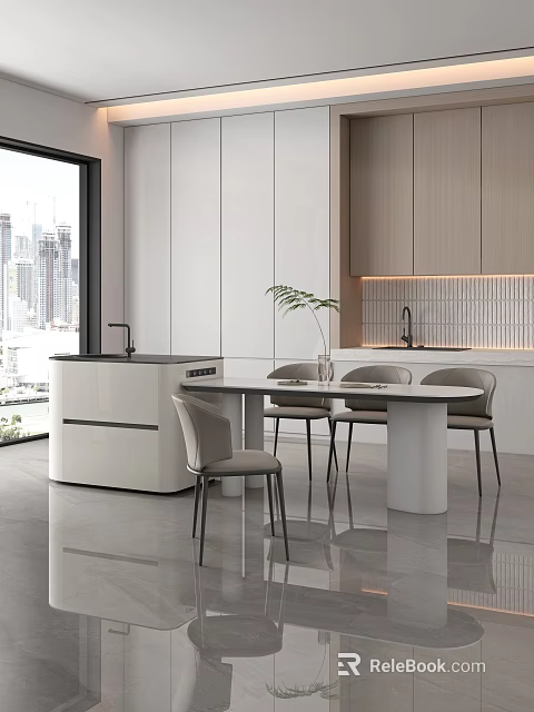 Modern Open Kitchen Interior With Island Counter And Large Windows Design 3d model