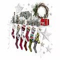 Festive Christmas Decorative Ornament Set with Stockings Stars Mini Houses and Wreath