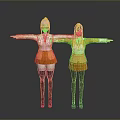 Two Female Characters in Orange School Uniforms with Pink Black Hair Short Skirts Arms Outstretched Standing
