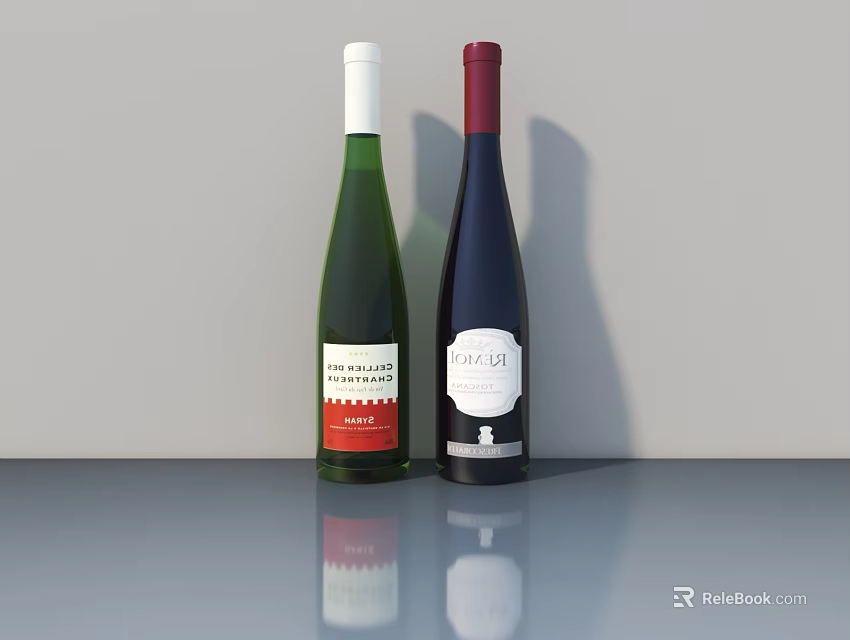 Green And Red Labeled Wine Bottles With Glasses On Glossy Table Against Gray Background 3d model 