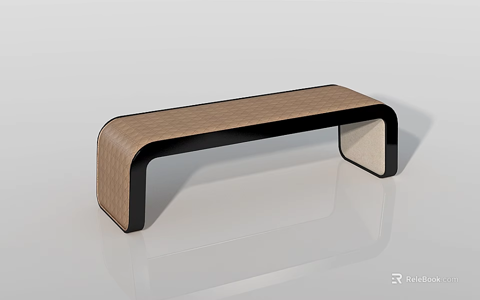 Elegant Modern Footstool Featuring Wooden Top And Curved Black Metal Frame Design 3d model 