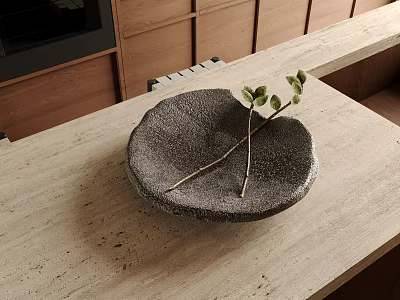 Modern Kitchen Countertop With Gray Ceramic Bowl And Green Foliage 3d model