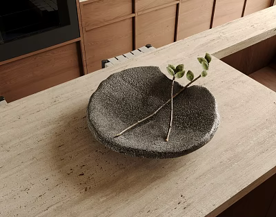 Modern Kitchen Countertop With Gray Ceramic Bowl And Green Foliage 3d model Modern Kitchen Countertop With Gray Ceramic Bowl And Green Foliage 3d model