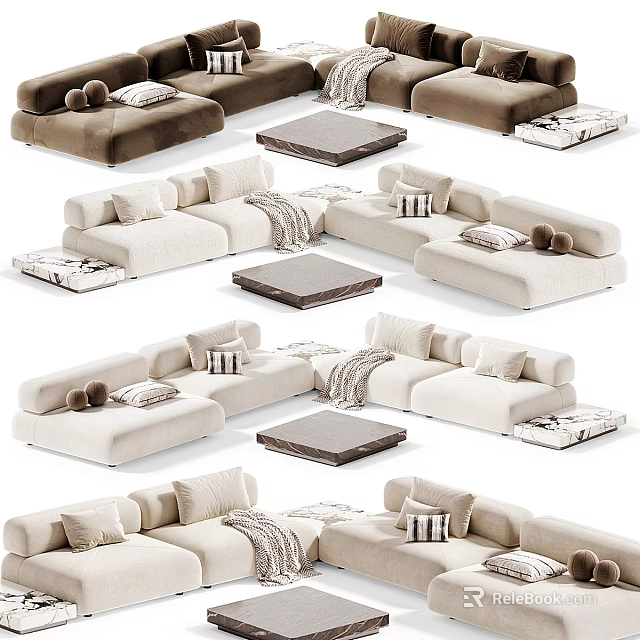Modern Sectional Sofa Set With Beige Brown Upholstery Throw Pillows Blankets And Coffee Tables 3d model 