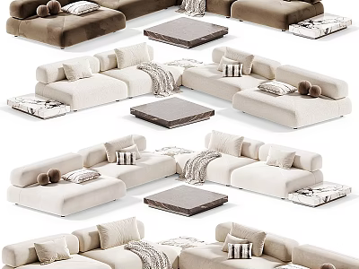 Modern Sectional Sofa Set With Beige Brown Upholstery Throw Pillows Blankets And Coffee Tables 3d model