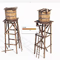 Industrial Wooden Water Towers Featuring Elevated Frame Barrels And Side Ladder 3d model